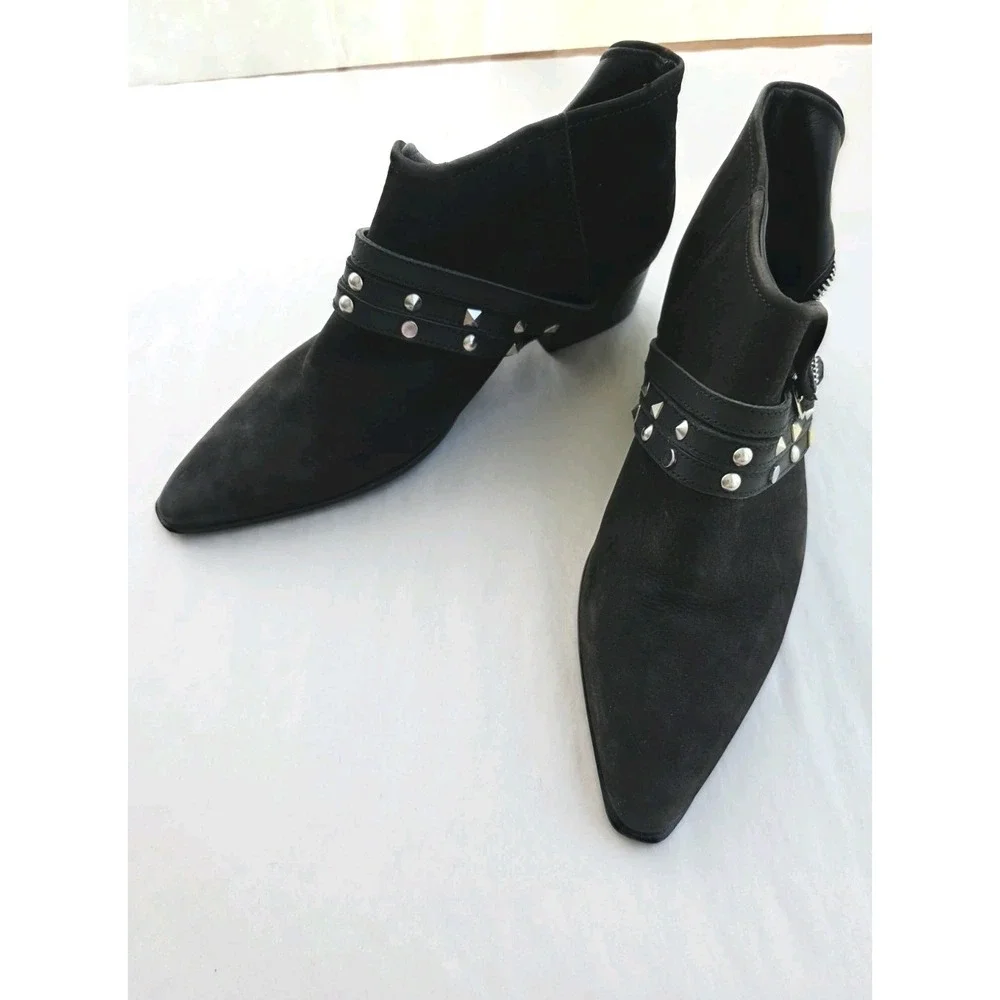 Free People Chesa Black Suede Leather Studded Low Bootie Size 37 US 7 NEW Grunge